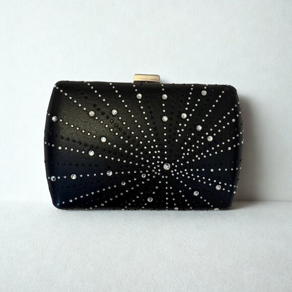 Black Rhinestone Clutch – Hard Shell Evening Bag with Silver Sunburst Detail (Ne - Picture 1 of 1